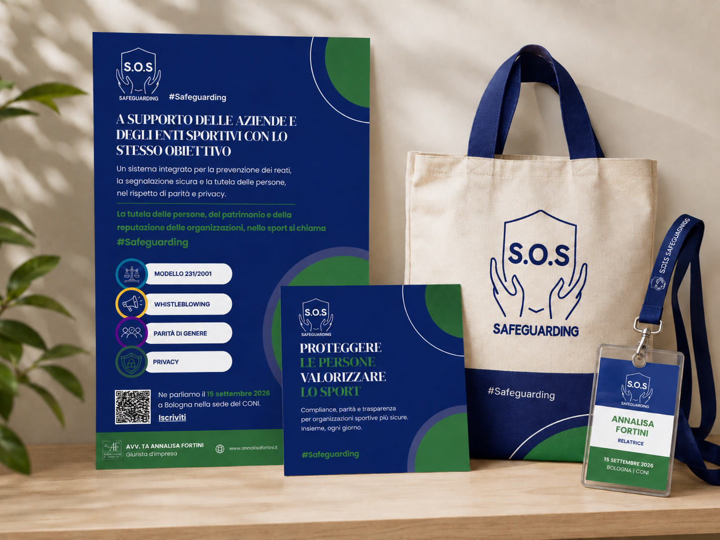 Applicazione dell’identità visiva S.O.S Safeguarding su materiali di comunicazione, shopper e badge
